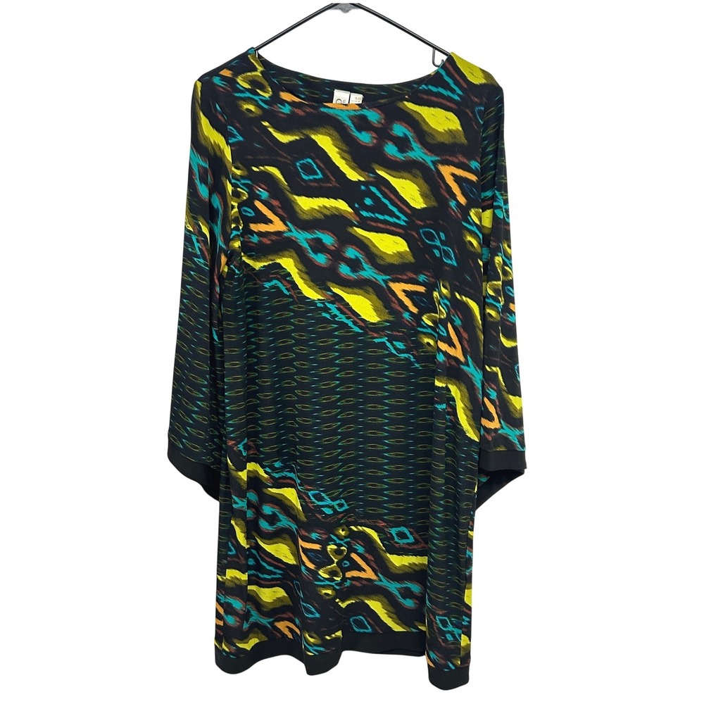 Psychedelic Abstract Ikat Print Bell Sleeve Shift Dress L Multi Boho Festival